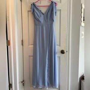 Dressy Group Bow-Shoulder V-Back Chiffon Gown with Front Slit in Sky Blue